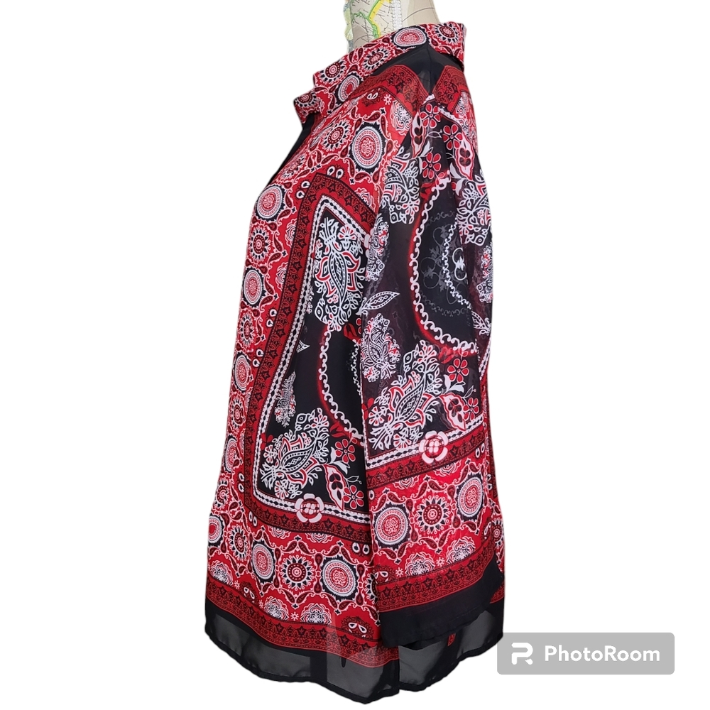 NOTATIONS 2 Piece Set Sheer Button-Down Shirt-Tank Top Black Red Bandana Size 3X - Picture 5 of 10